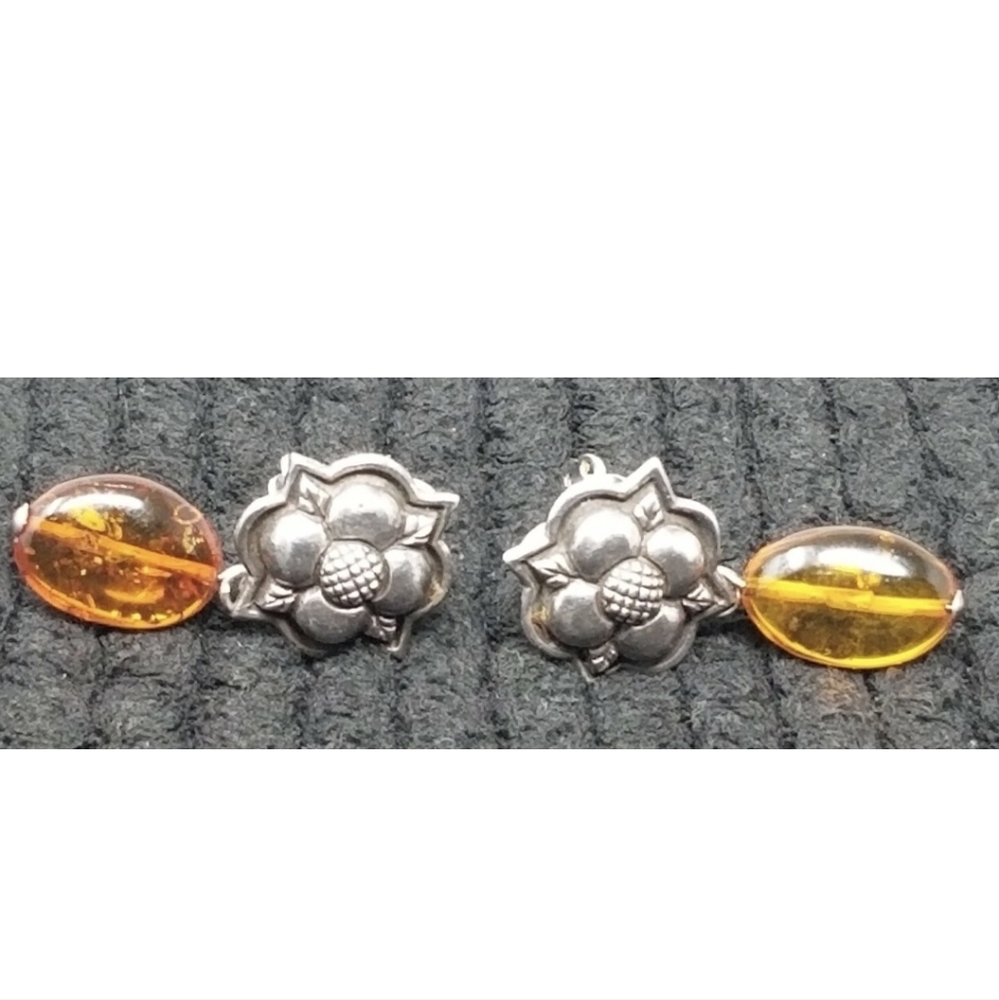 SOLD Vintage Stephen Dweck Sterling Flower And Amber Dangle Clip-on Earrings